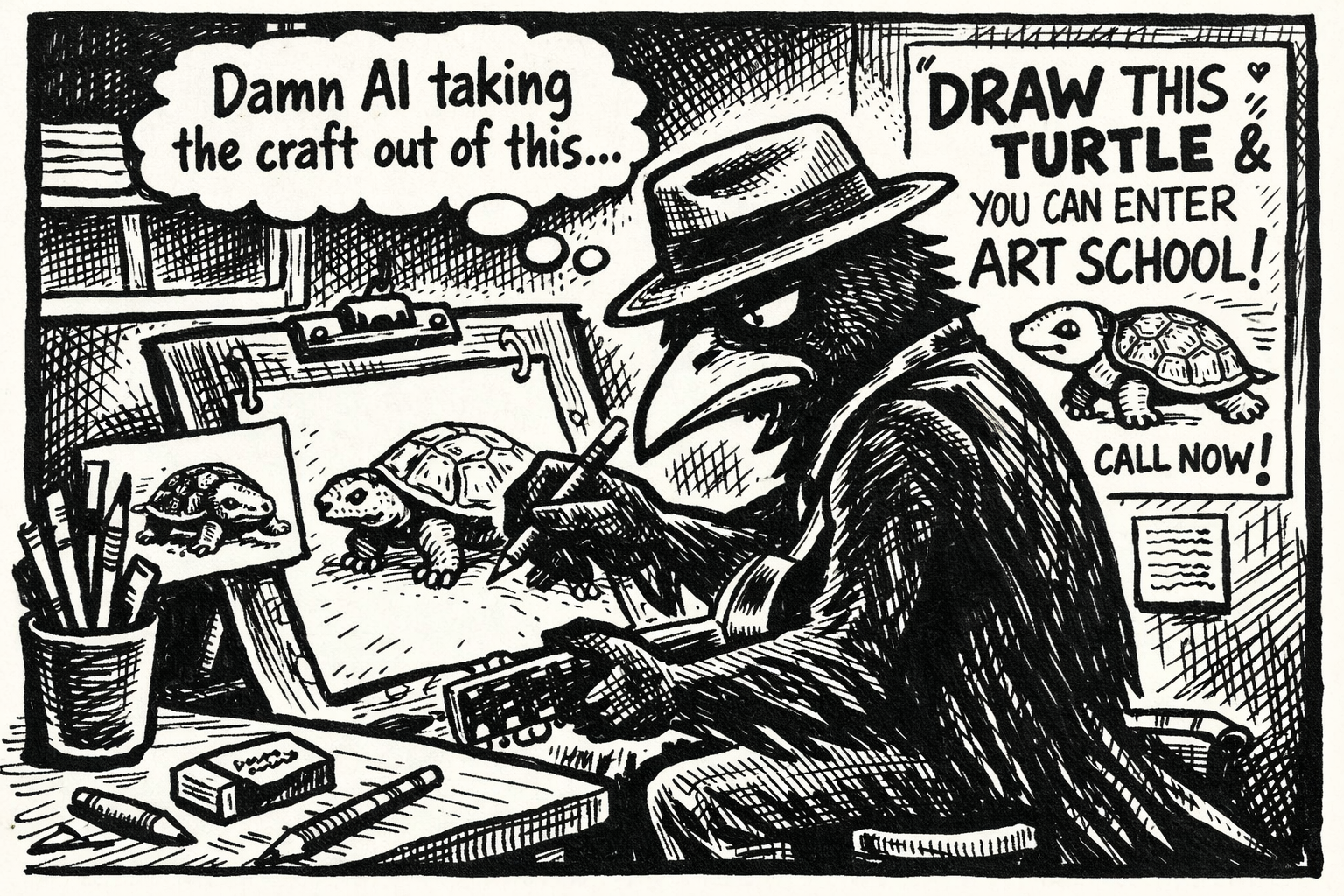 Crow Joe in the age of ai comic - crow joe the blues playing is sitting at an art desk hand drawing a turtle.  above his head is a thought bubble saying 'damn ai taking the craft out of this' in the background is a poster saying 'draw this turtle and you can enter art school! call now!' this is a reference to the 90s art school commercials.  there is extra meta irony in this comic because crow joe in the age of ai itself is made in collaboration with ai tools
